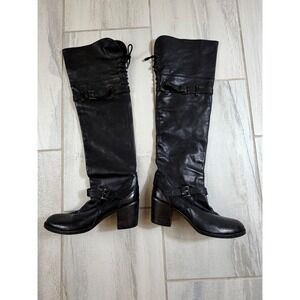 Jeannot Italy Black Leather Over The Knee Buckle Boots Block Heel Size 40